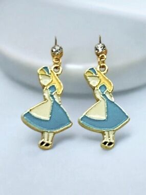 Alice In Wonderland Enamel, Golden & Crystal Stud Stud Dangle Earrings Handmade